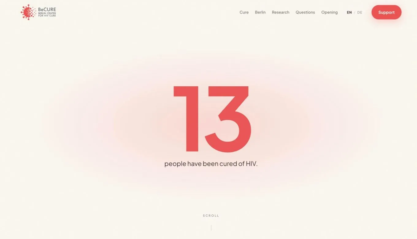 The first screen of becure.org: a large coral 13 and the line people have been cured of HIV