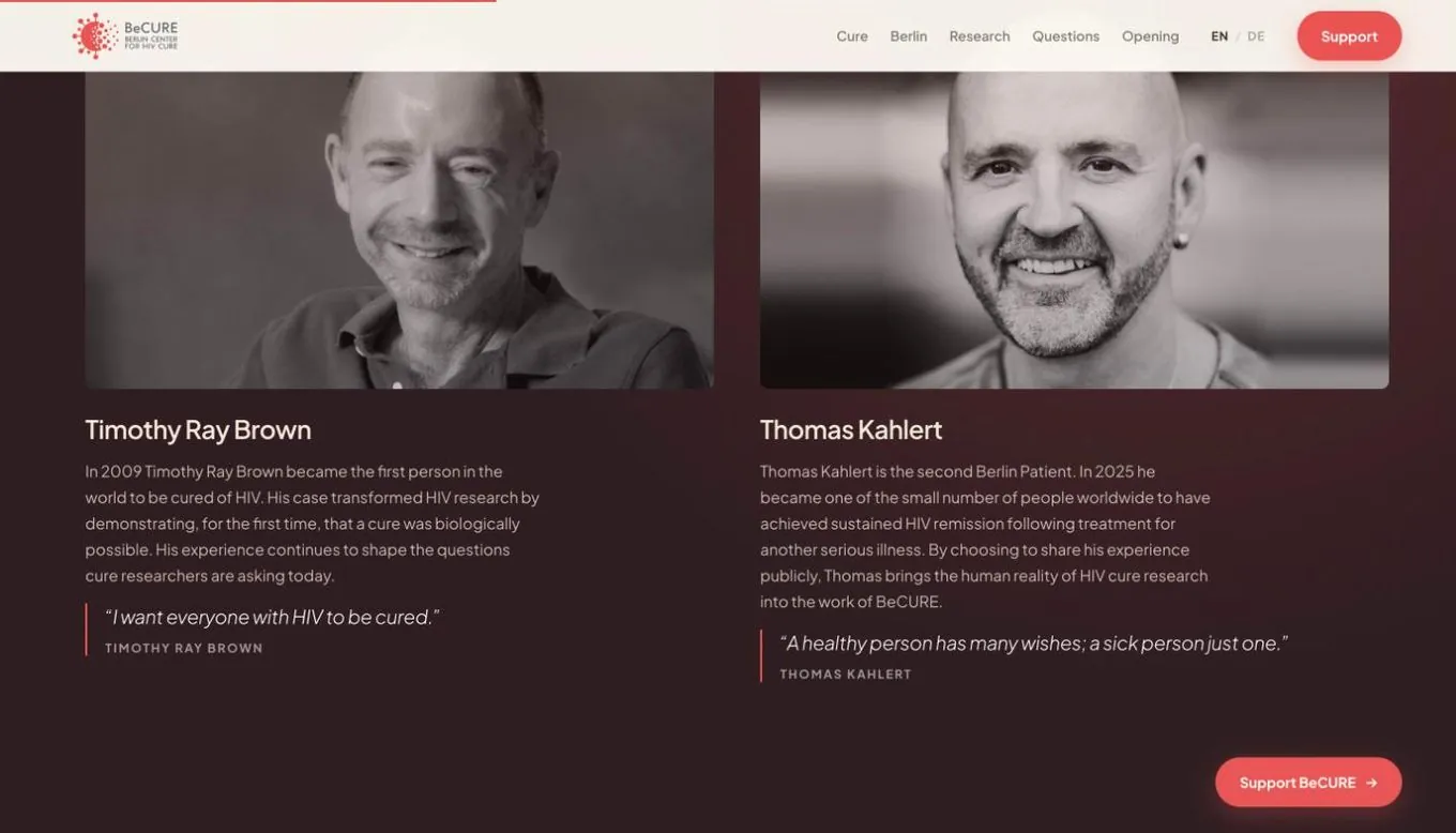 becure.org: portraits of Timothy Ray Brown and Thomas Kahlert with their quotes