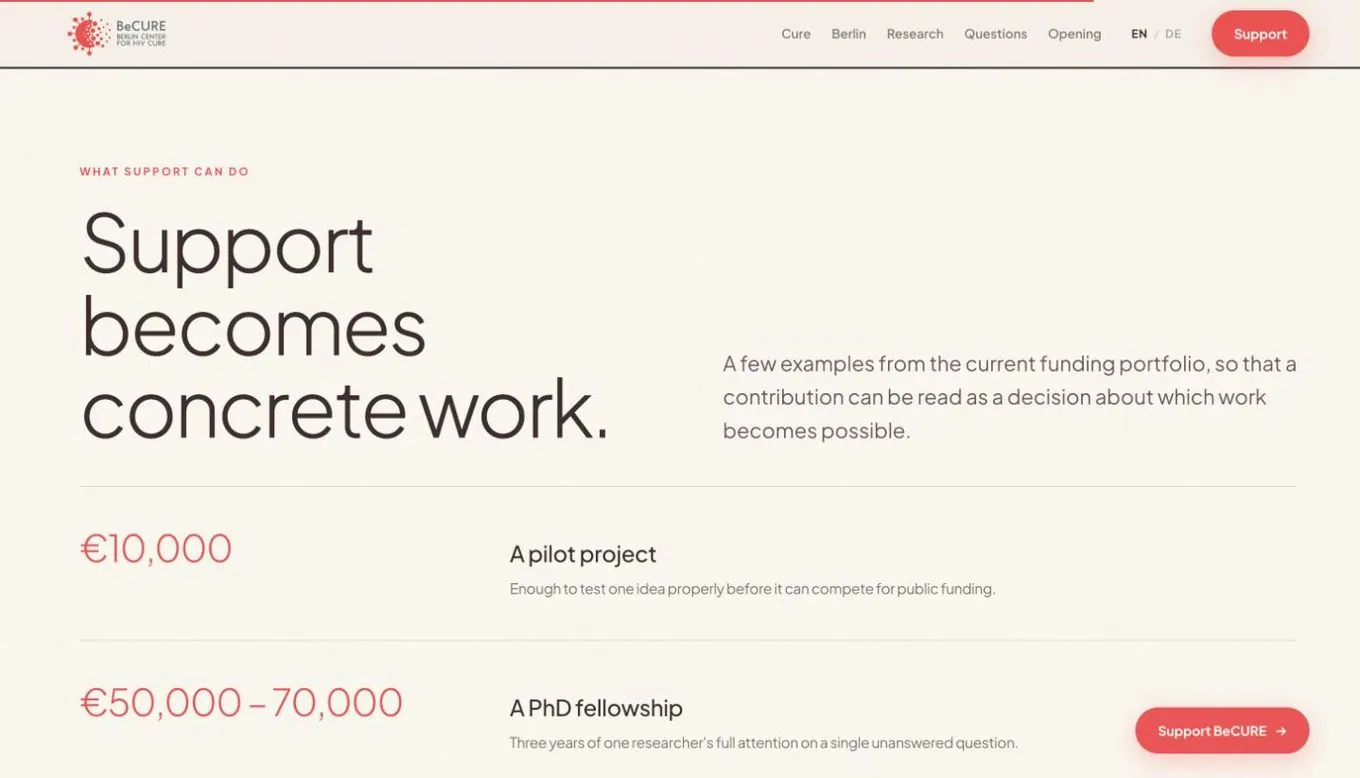 The support section of becure.org, listing what different amounts make possible