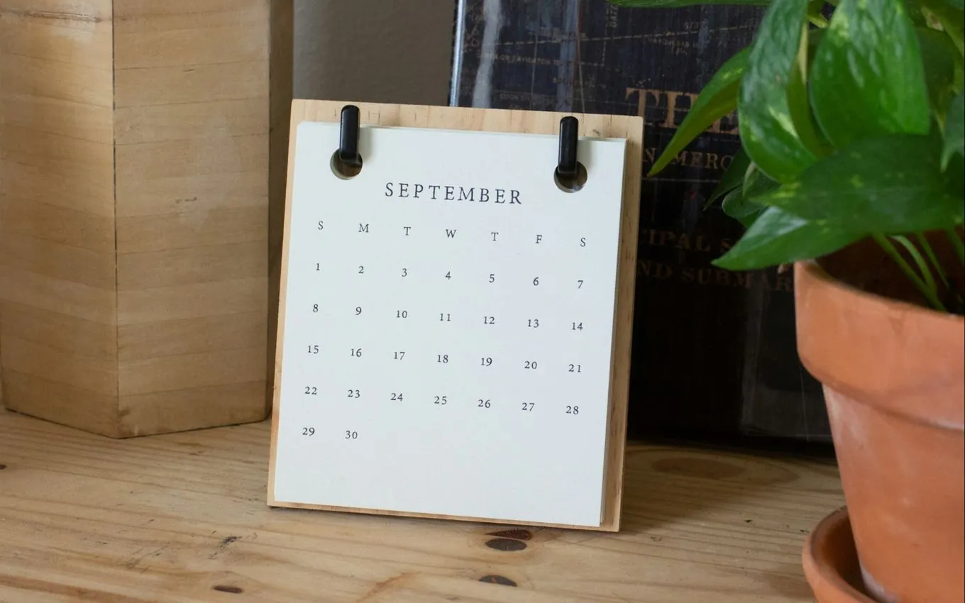 A small paper desk calendar next to a plant