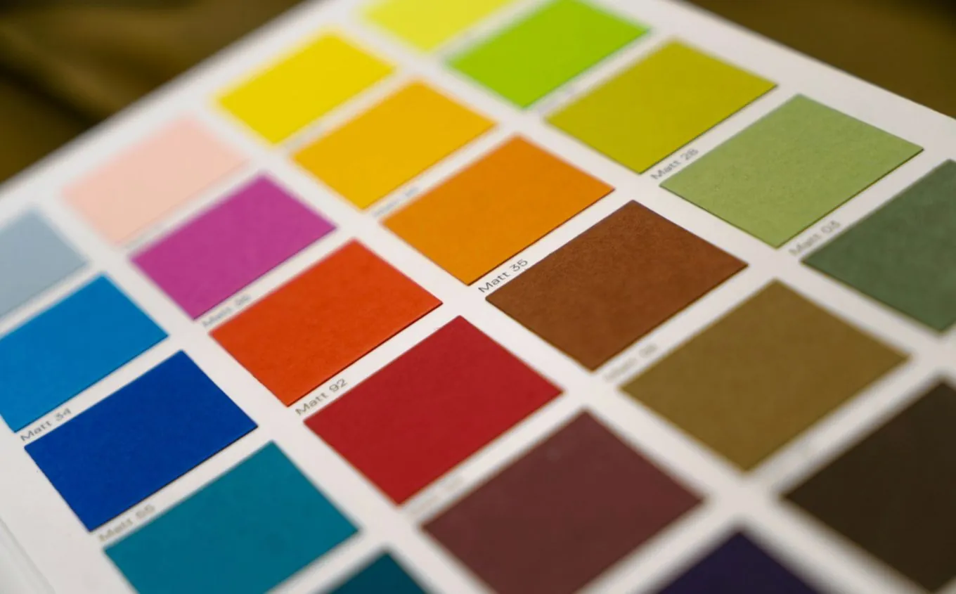 A printed sheet of colour chips in yellow, green, blue, red and brown
