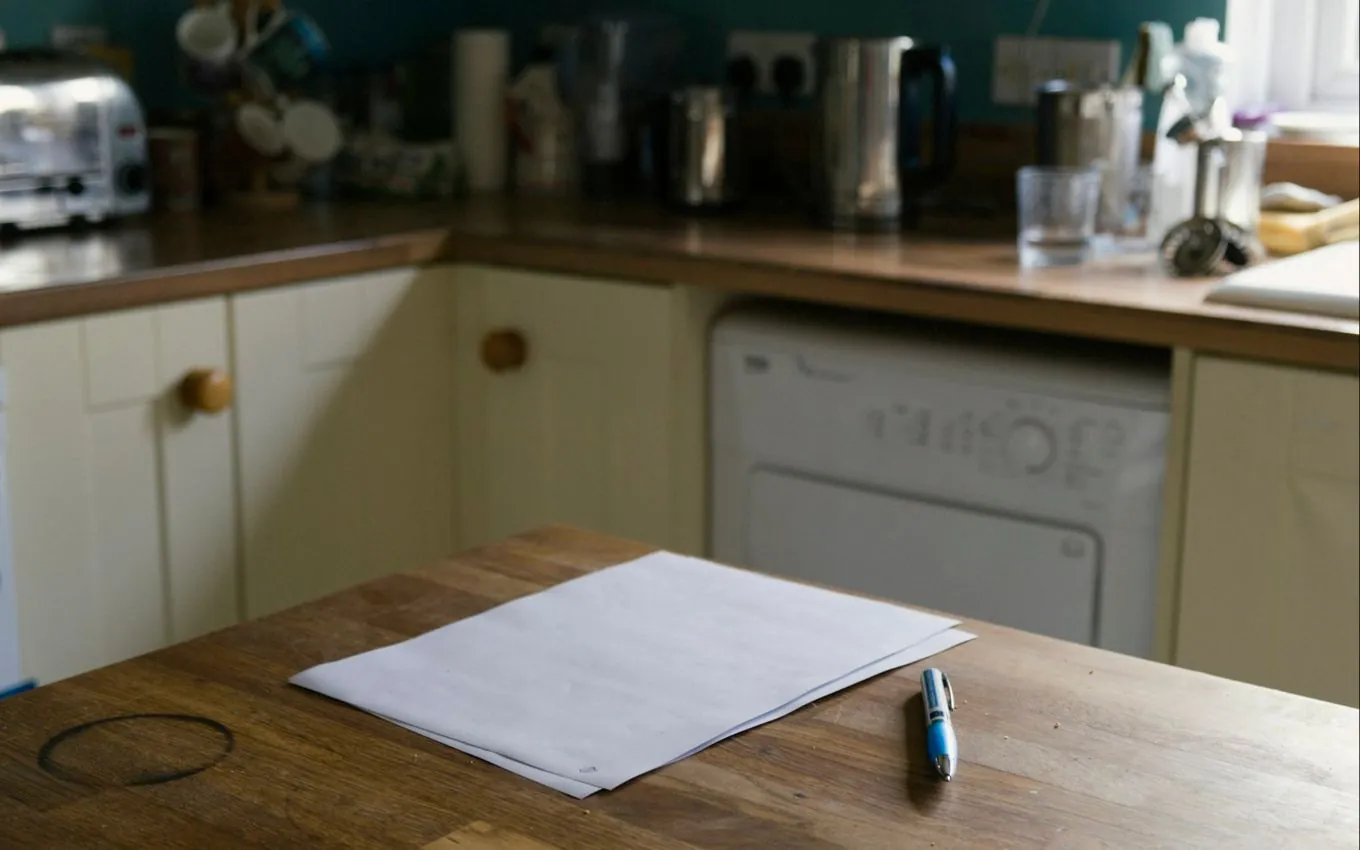 Blank paper and a pen on a kitchen table