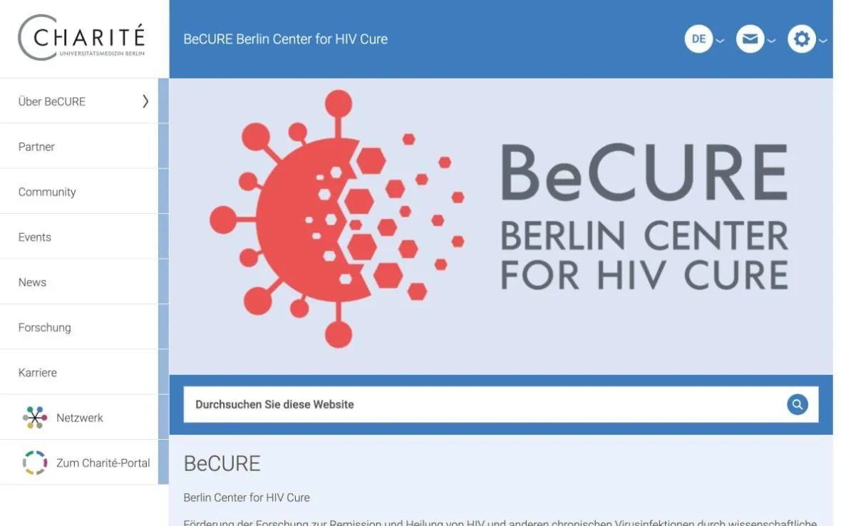 The old BeCURE page in the Charité portal: blue header, left menu, logo