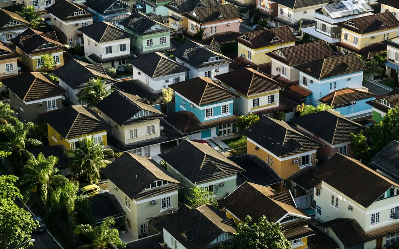 Aerial view of a suburb of near-identical houses