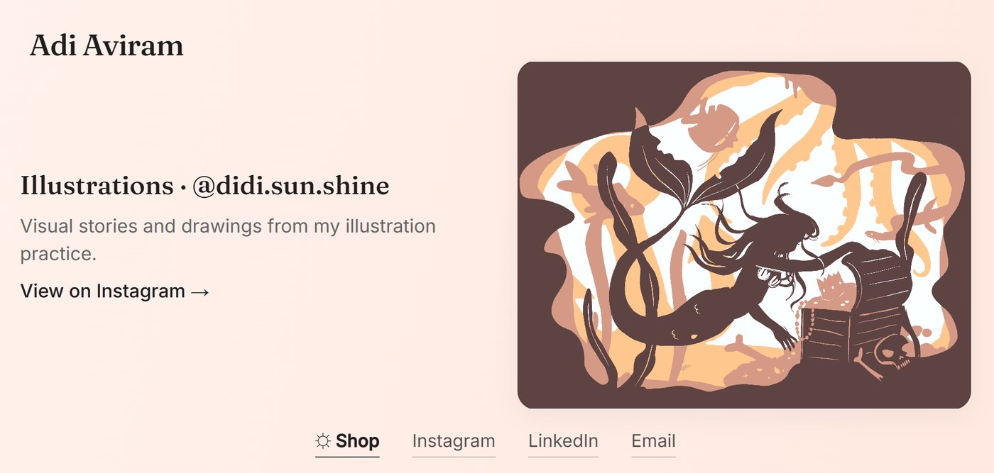 Adi Aviram portfolio on a soft pink background, with the Illustrations section beside a drawing of a mermaid and a treasure chest