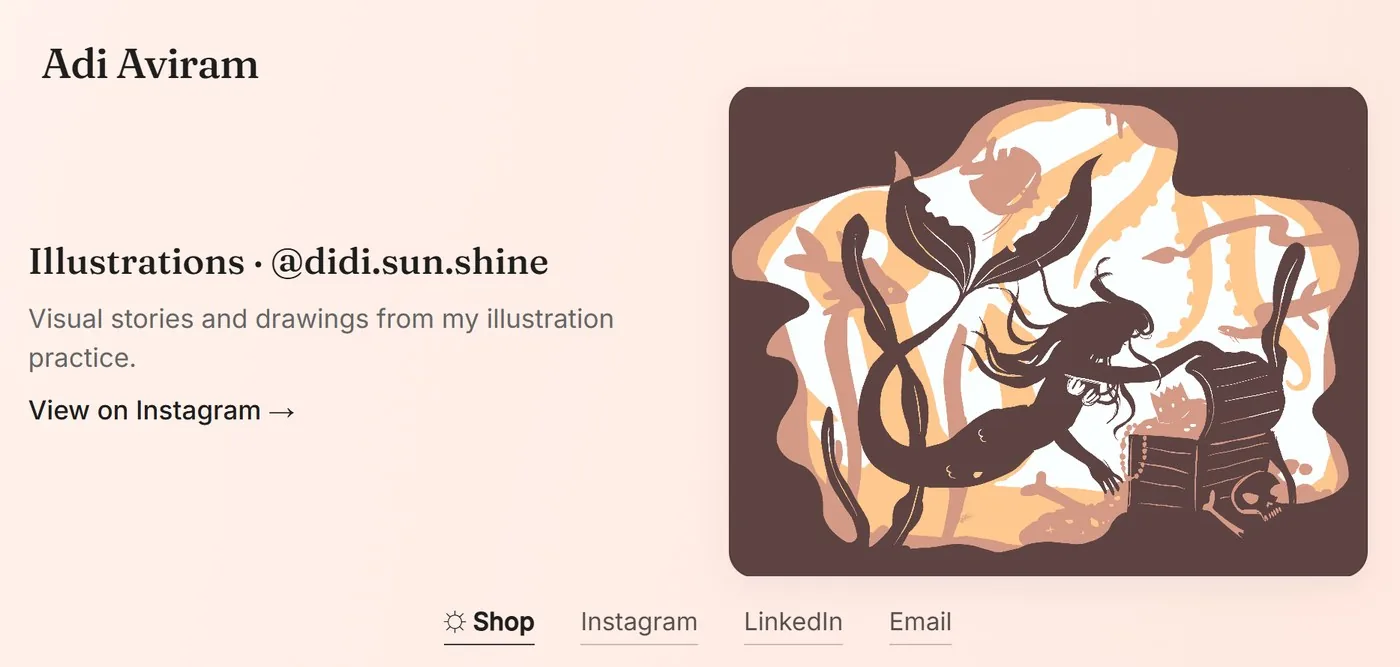 Adí Aviram portfolio on a soft pink background, with the Illustrations section beside a drawing of a mermaid and a treasure chest
