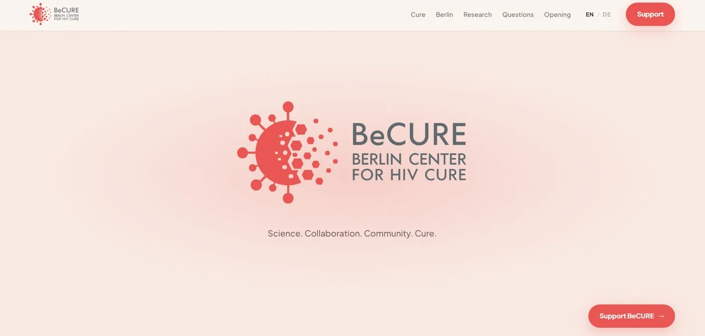 Home page of becure.org, showing the BeCURE logo of the Berlin Center for HIV Cure above the line Science, Collaboration, Community, Cure