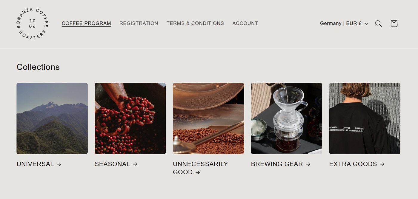 Bonanza Coffee wholesale shop, showing the Collections row with Universal, Seasonal, Unnecessarily Good, Brewing Gear and Extra Goods on a light grey background