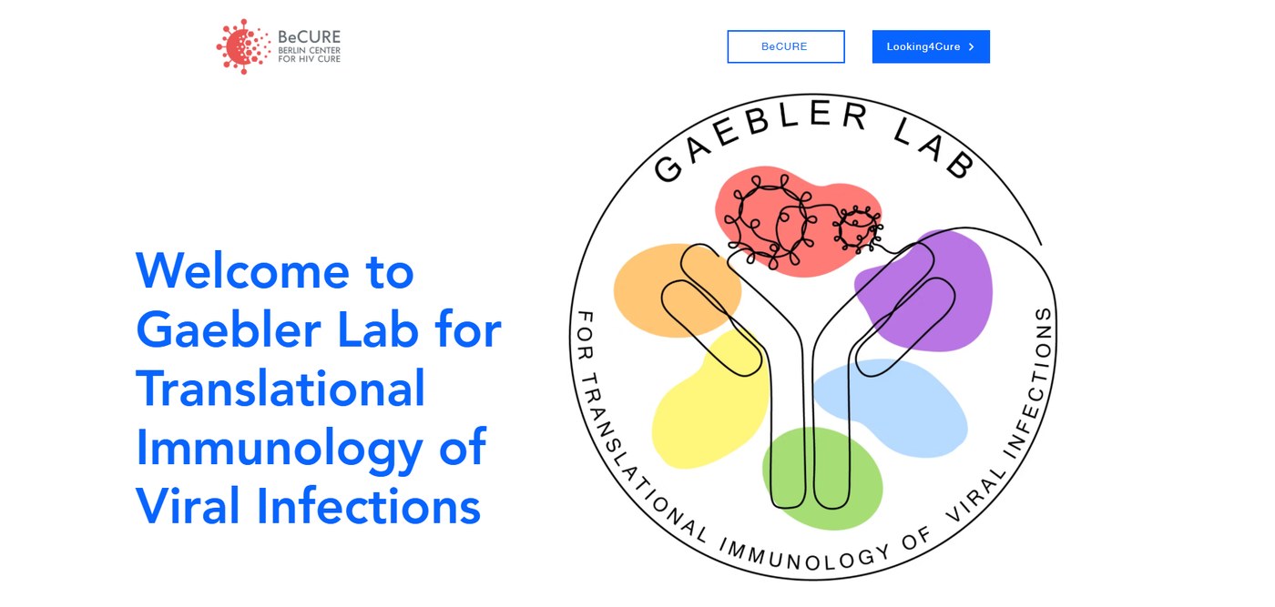 Home page of the Gaebler Lab website, with the welcome headline in blue beside the round lab emblem showing a hand drawn antibody over coloured shapes