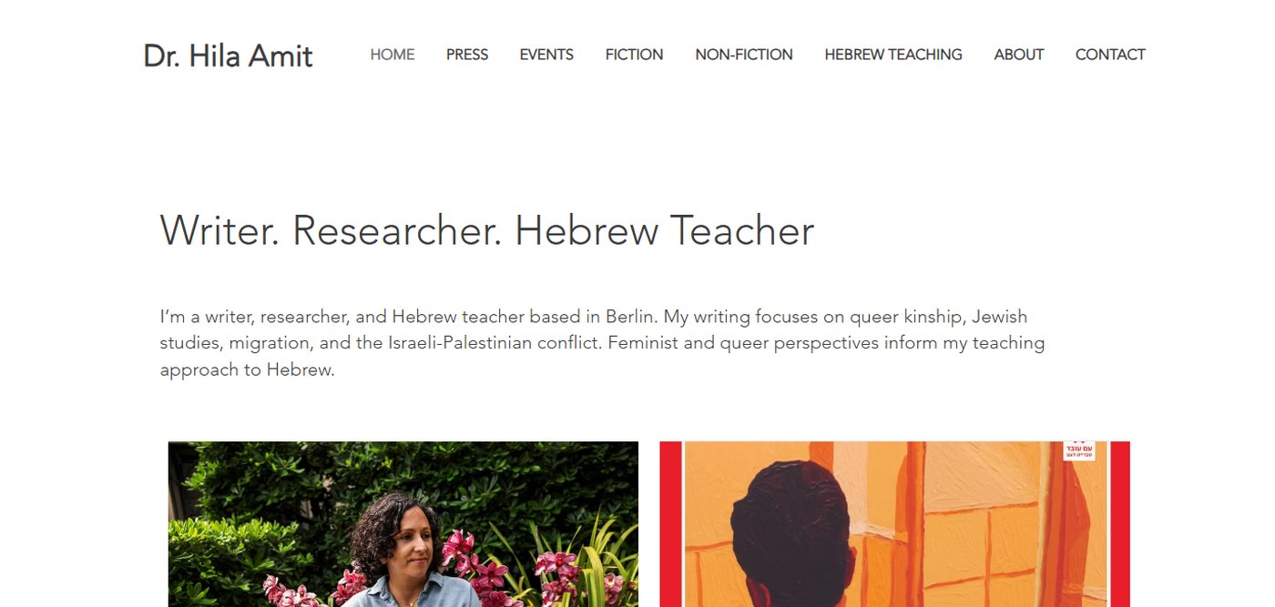 Home page of hilaamit.net, showing the heading Writer, Researcher, Hebrew Teacher above a photo of the author and a book cover