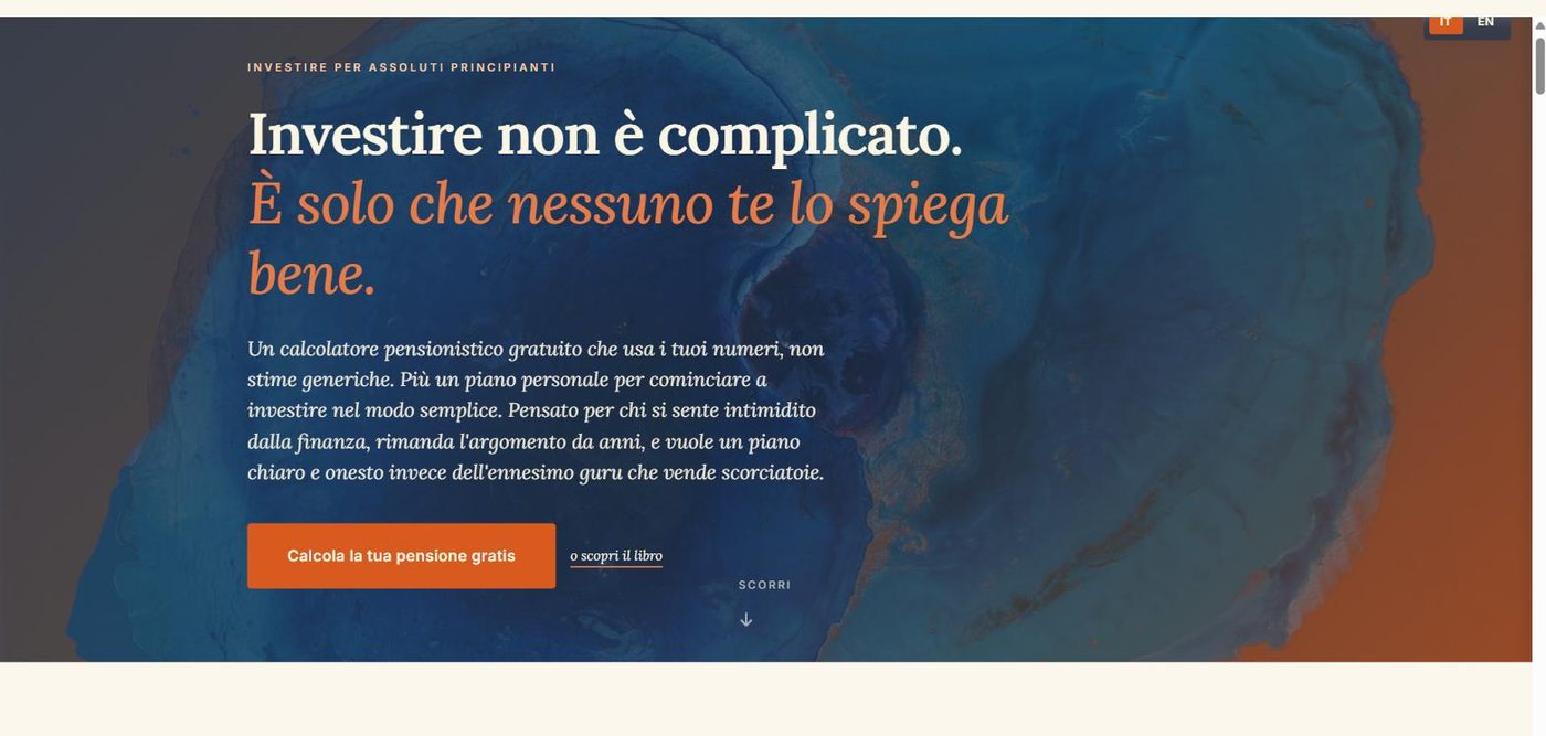 Home page of the Investing for Absolute Beginners landing page, with a large headline in italic serif over a blue and orange painted texture