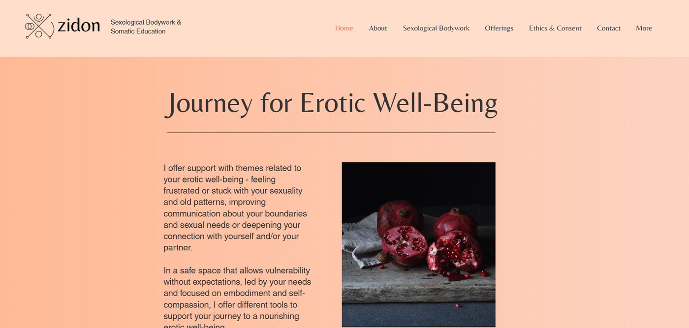 Home page of zidonbodywork.com, with the headline Journey for Erotic Well-Being over a soft peach gradient next to a photograph of opened pomegranates